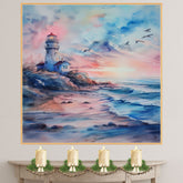 Scenic Lighthouse on Rocky Shore with Birds Flying Over Sunset Sky in Serene Watercolor Ocean Landscape Illustration on Ready to Hang 1.5" Thick Canvas Wrap, Floating Framed Canvas, Flat Rolled Canvas